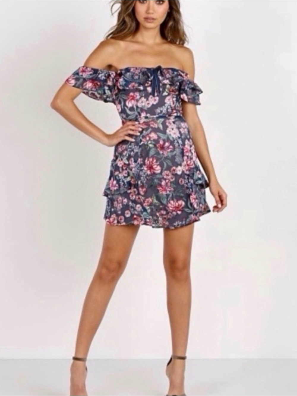 For Love & Lemons Navy Floral Off-Shoulder Ruffle Mini Dress